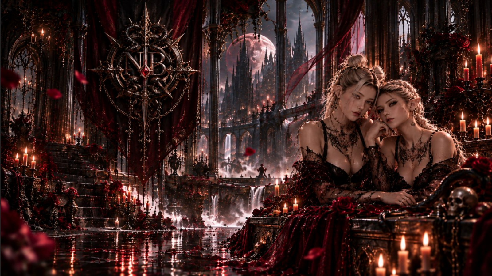 NØIR†BØRN — gothic hall with the NB emblem, red roses, candles and two women